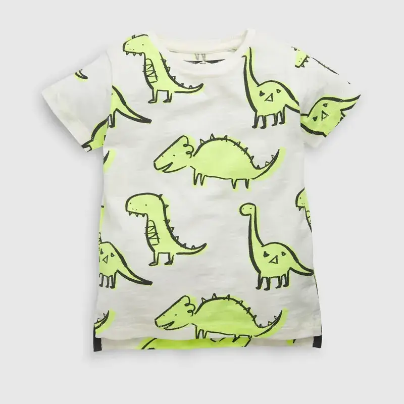 Kids Dinosaur Print T-Shirt White Green Short Sleeve