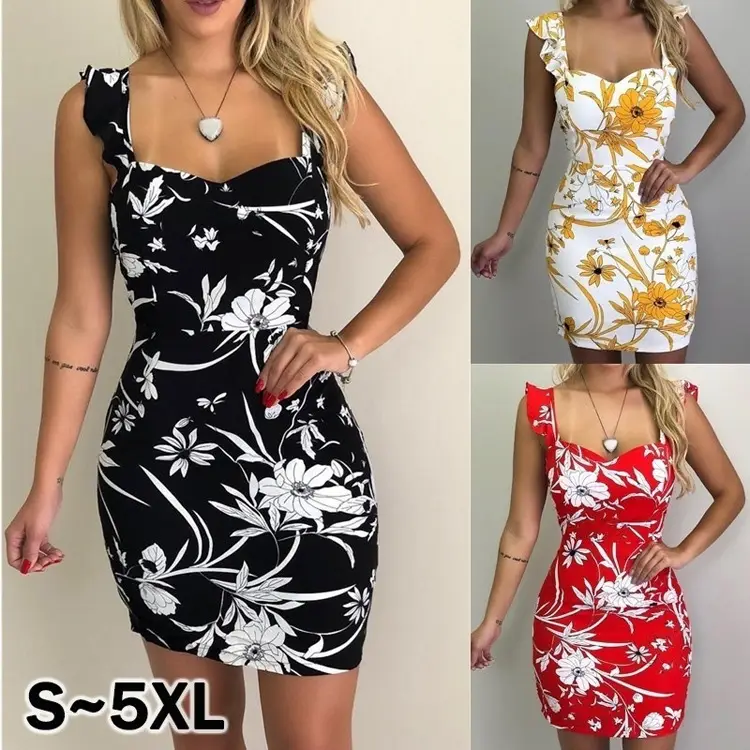2022 Black Floral Sleeveless Bodycon Dress for Women