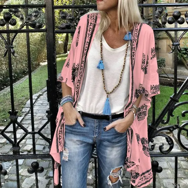 Women's Red Printed Long Sleeve Cardigan Shirt with Tassel Neckline - Image 2