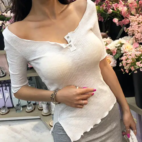 Korean Dongdaemun Low Cut Half Collar T-Shirt Women - Image 7