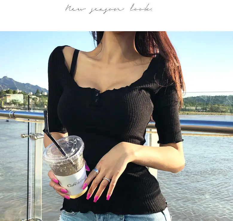 Korean Dongdaemun Low Cut Half Collar T-Shirt Women — feature 13