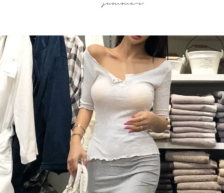 Korean Dongdaemun Low Cut Half Collar T-Shirt Women — feature 4