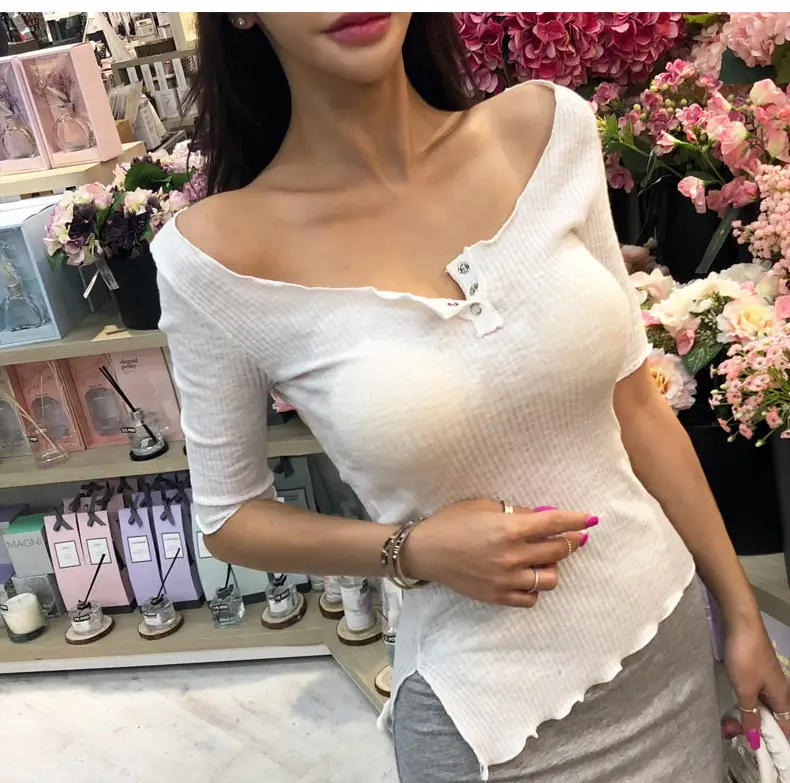 Korean Dongdaemun Low Cut Half Collar T-Shirt Women — feature 5