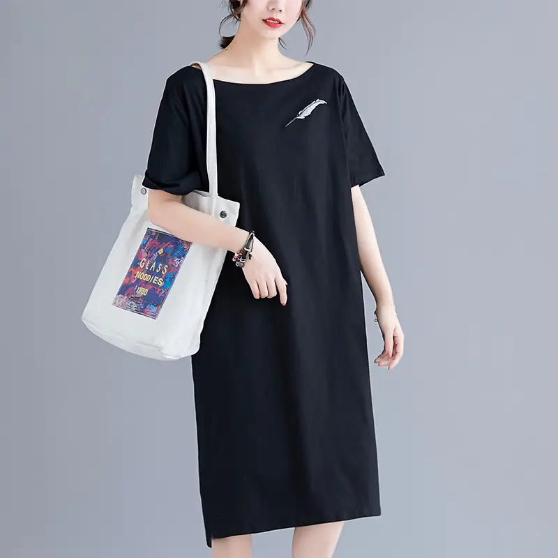 Women's Fat Weight One-Line Collar Dress Black Yellow