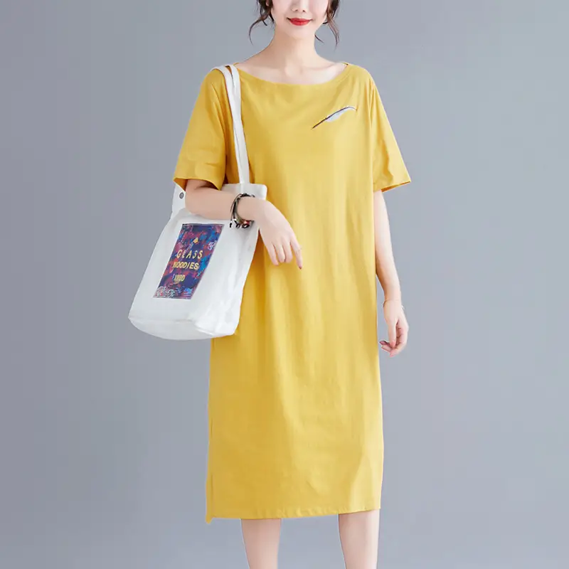 Women's Fat Weight One-Line Collar Dress Black Yellow