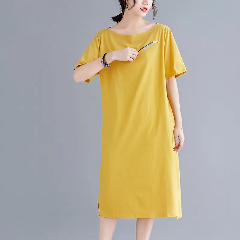 Women's Fat Weight One-Line Collar Dress Black Yellow