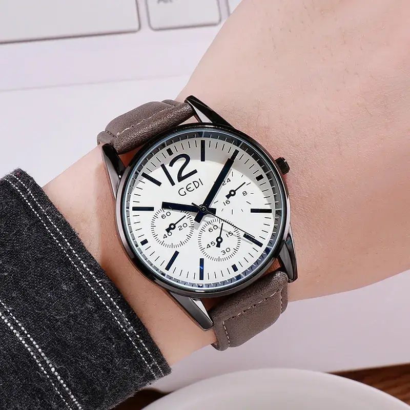 Men's GEDI Leather Belt Watch White Dial Waterproof - Image 5