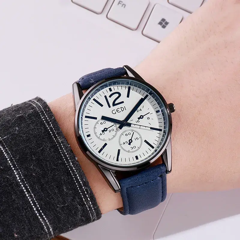 Men's GEDI Leather Belt Watch White Dial Waterproof - Image 7