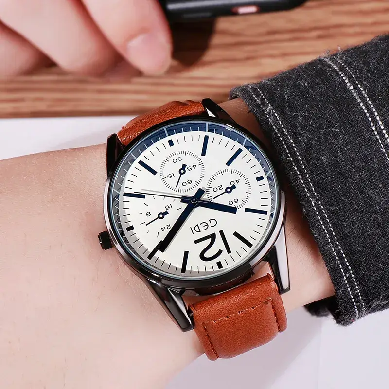 Men's GEDI Leather Belt Watch White Dial Waterproof - Image 3