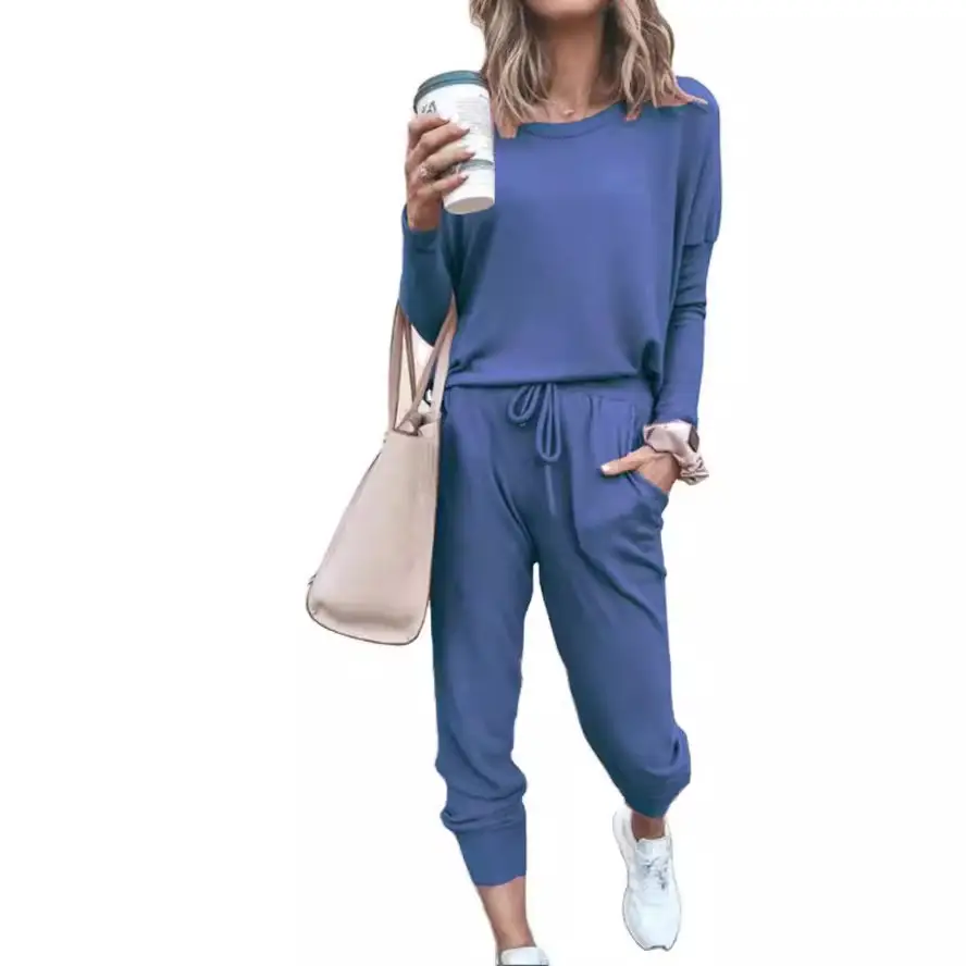 Women Blue Loose Fit Long Sleeve Sweatpants Set - Image 6