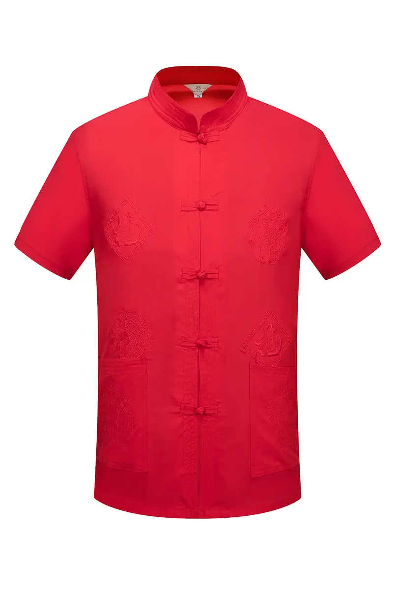 Red Embroidered Chinese Style Short Sleeve Dad Suit for Men - Image 11