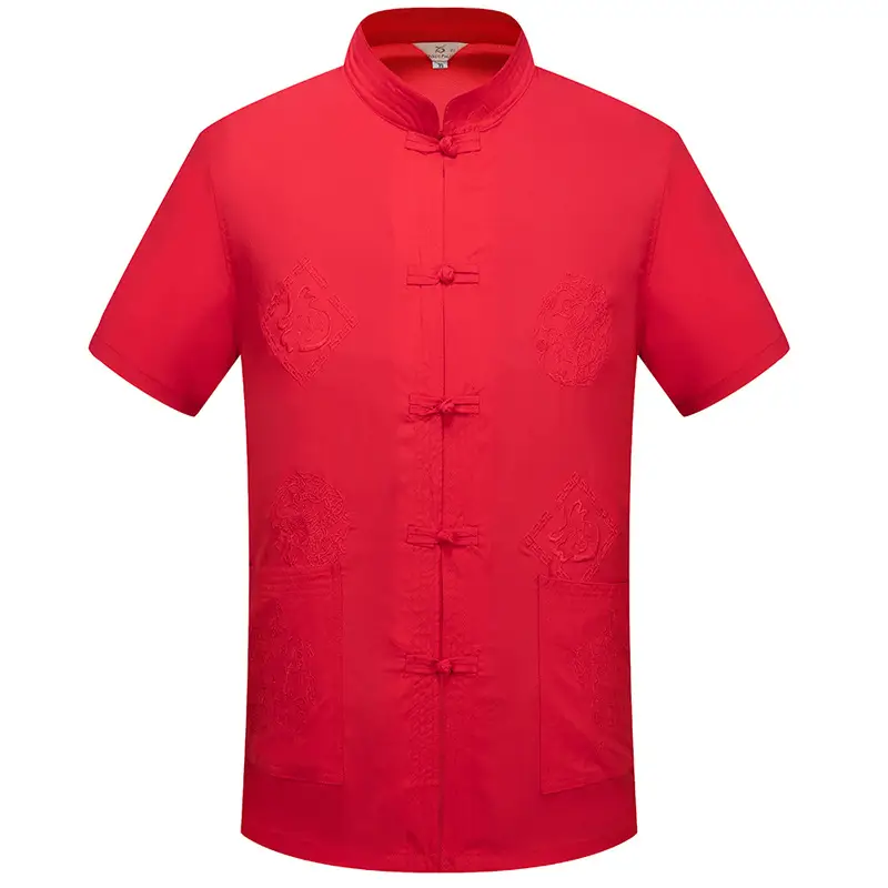 Red Embroidered Chinese Style Short Sleeve Dad Suit for Men - Image 4