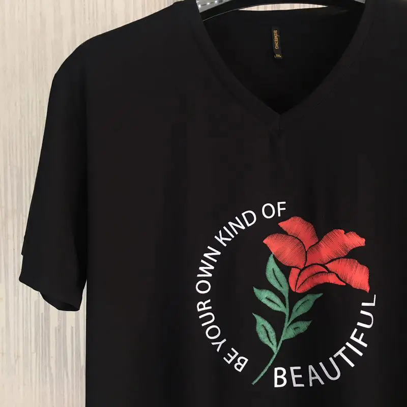 Black V-Neck T-Shirt with Floral Print Plus Size - Image 5