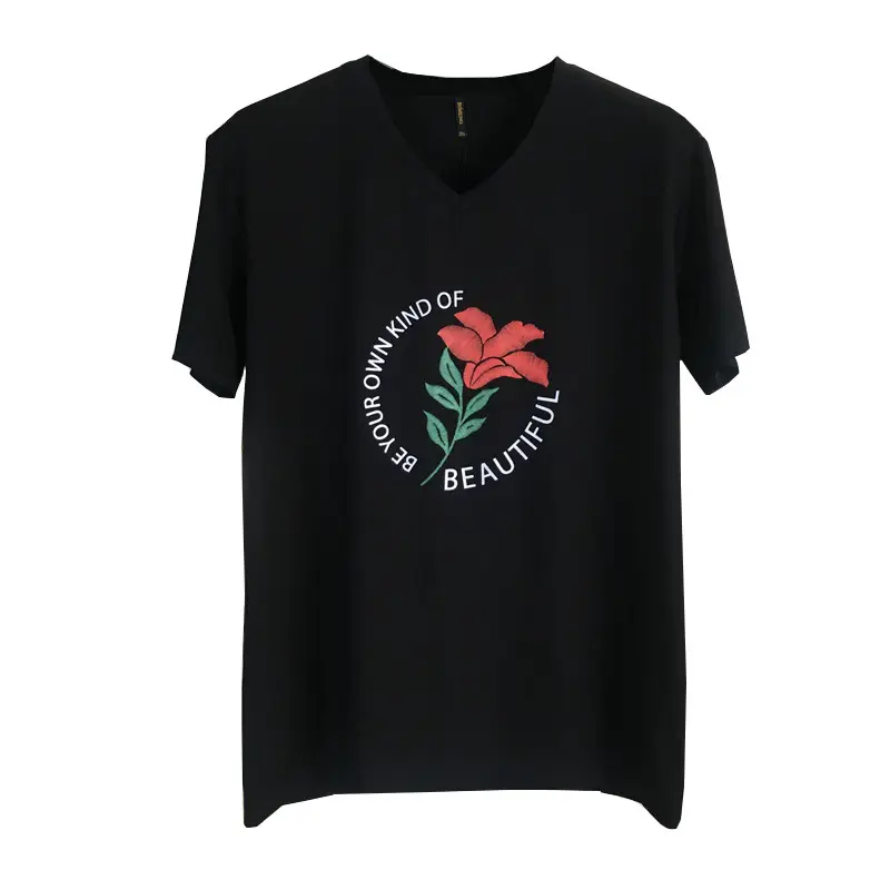 Black V-Neck T-Shirt with Floral Print Plus Size - Image 6