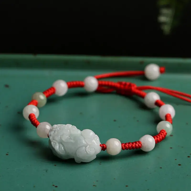 Natural Jade Braid Bracelet with White Beads Myanmar Design - Image 3