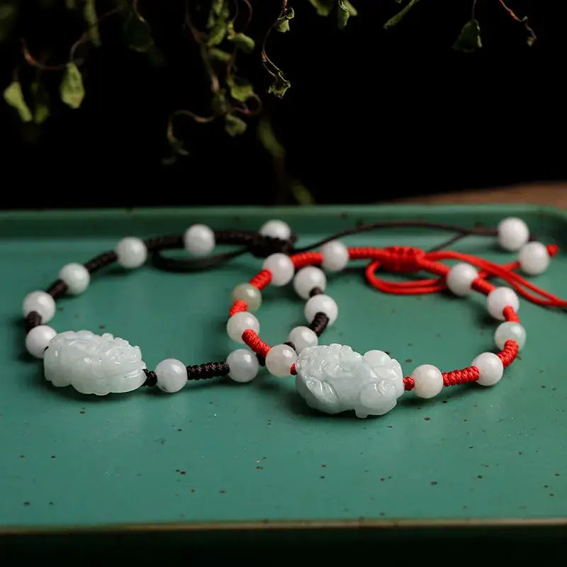 Natural Jade Braid Bracelet with White Beads Myanmar Design - Image 5