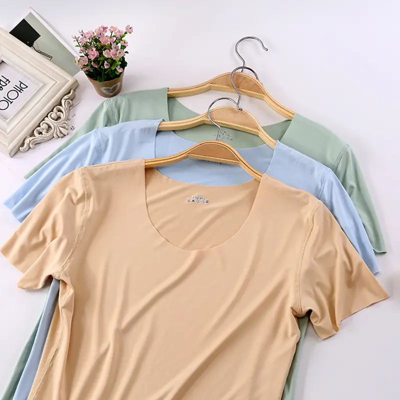 Women Light Blue Ice Silk Slim T-Shirt Bottom Half Sleeve