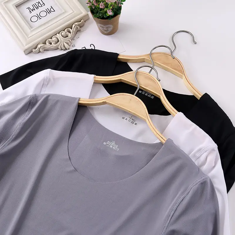 Women Light Blue Ice Silk Slim T-Shirt Bottom Half Sleeve