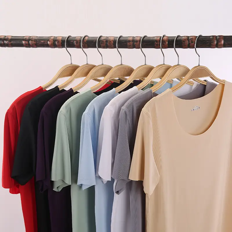 Women Light Blue Ice Silk Slim T-Shirt Bottom Half Sleeve