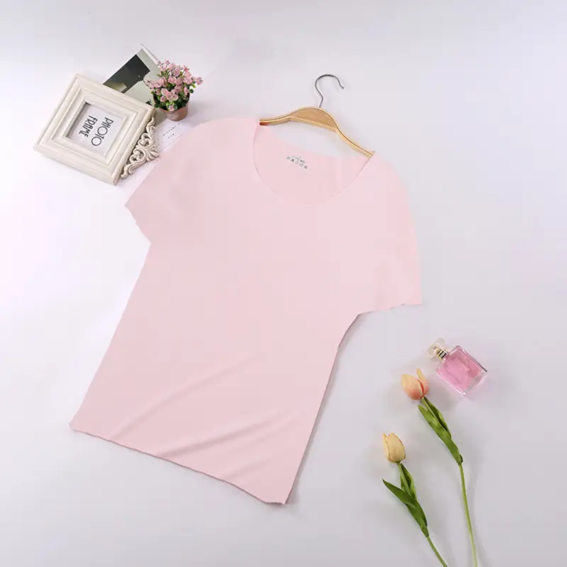 Women Light Blue Ice Silk Slim T-Shirt Bottom Half Sleeve