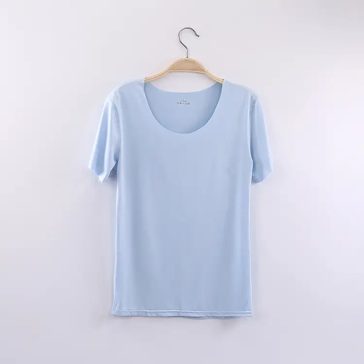 Women Light Blue Ice Silk Slim T-Shirt Bottom Half Sleeve