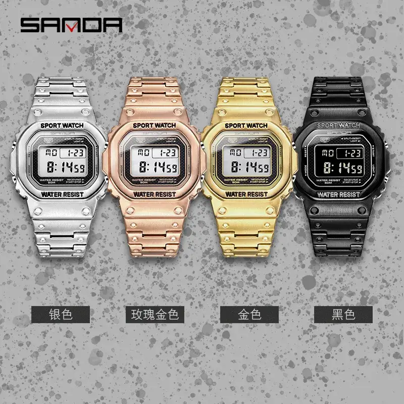 Sanda Waterproof Square Gold Sports Watch - Image 5