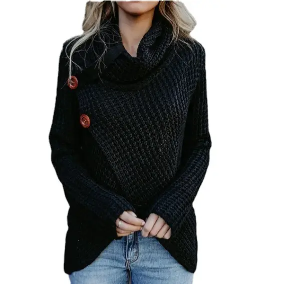Women's Black Knitted Long Sleeve Sweater with Button Front - Image 31