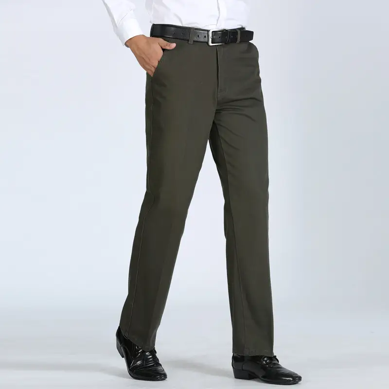 Men's Olive Green Straight Cotton Business Pants - Image 7