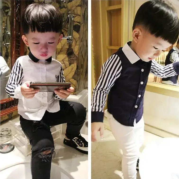 2024 Boys Long Sleeve Shirts Navy White Striped 2-6Yr - Image 4
