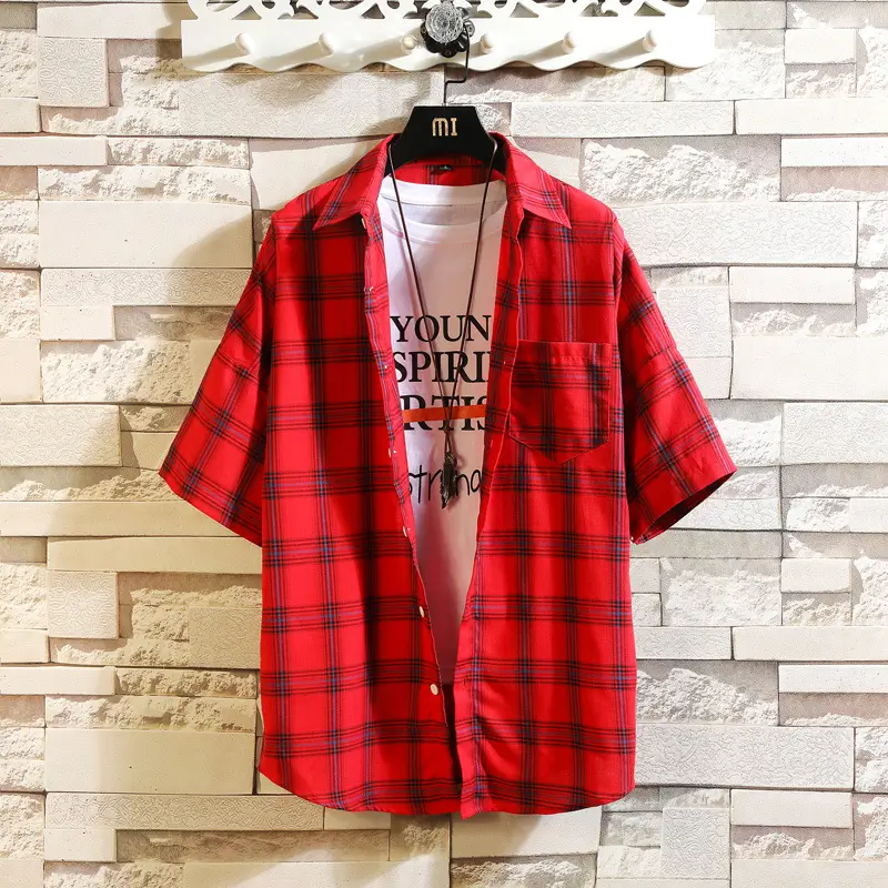 Red Plaid Half Sleeve Shirt for Men Teenager - Image 5
