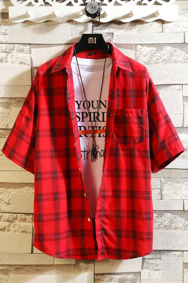 Red Plaid Half Sleeve Shirt for Men Teenager - Image 9