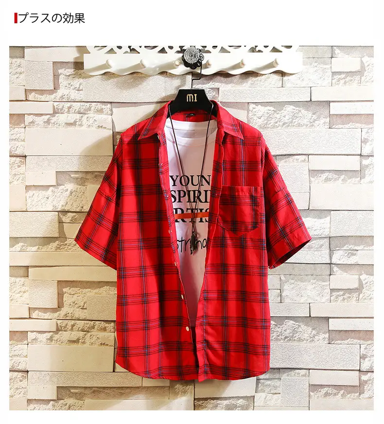 Red Plaid Half Sleeve Shirt for Men Teenager — feature 11