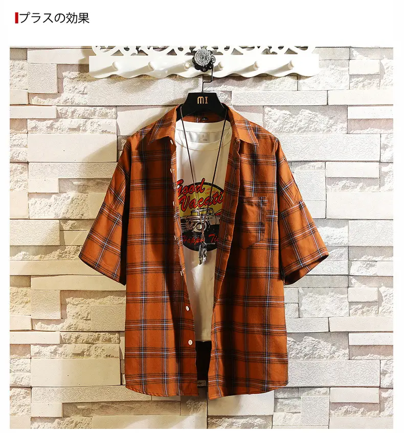 Red Plaid Half Sleeve Shirt for Men Teenager — feature 12