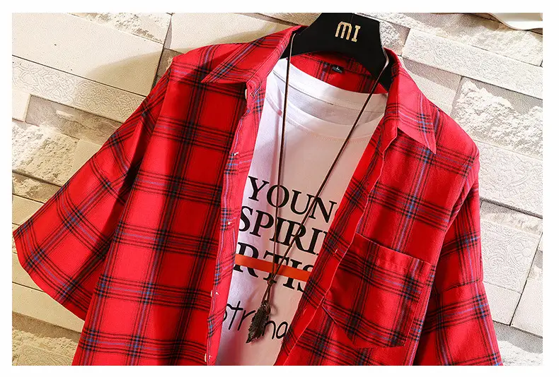 Red Plaid Half Sleeve Shirt for Men Teenager — feature 14
