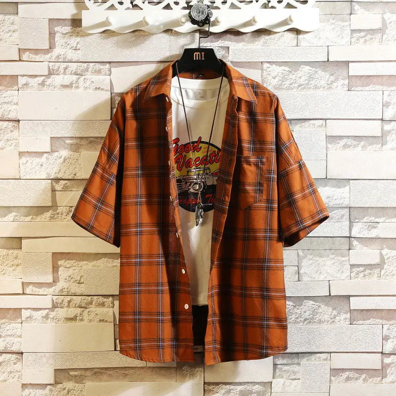 Red Plaid Half Sleeve Shirt for Men Teenager - Image 3