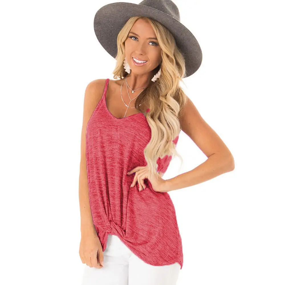 Women's Red Sleeveless Twist V-Neck T-Shirt with Hat - Image 10
