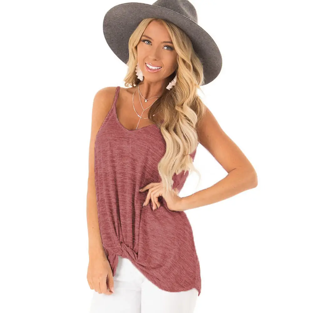 Women's Red Sleeveless Twist V-Neck T-Shirt with Hat - Image 13