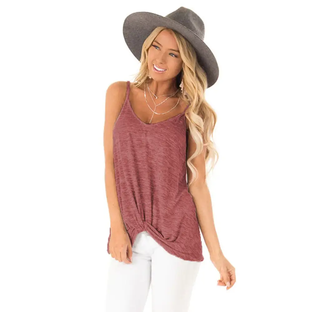 Women's Red Sleeveless Twist V-Neck T-Shirt with Hat - Image 8