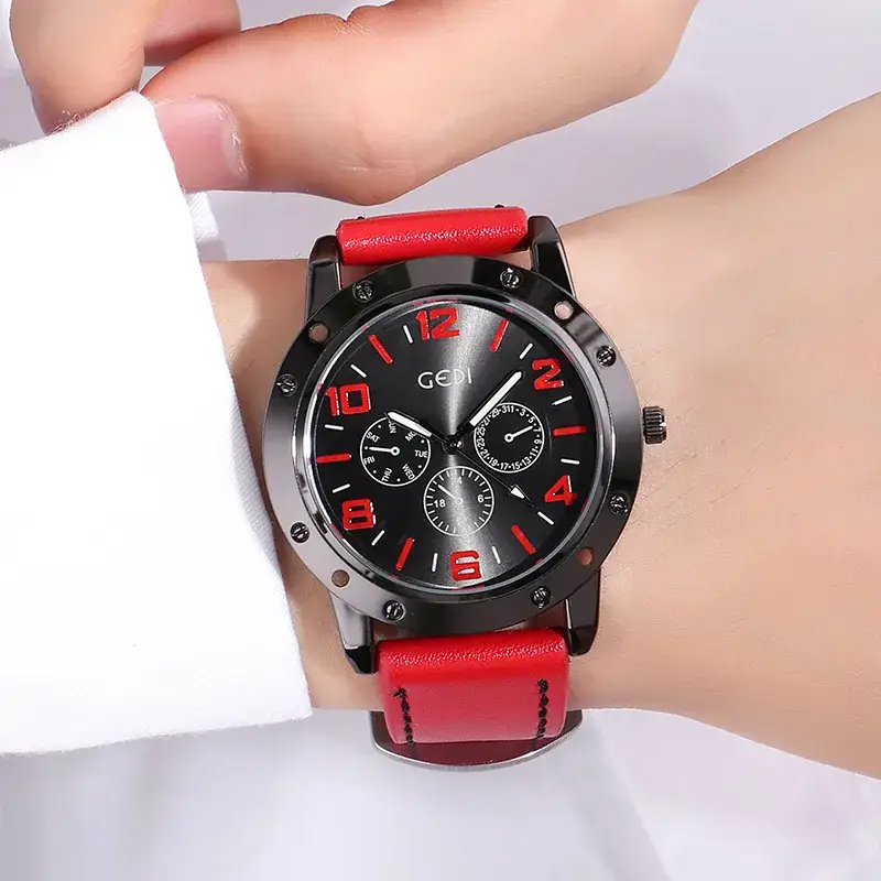 Men's Red Strap Chronograph Watch with Black Dial - Image 2