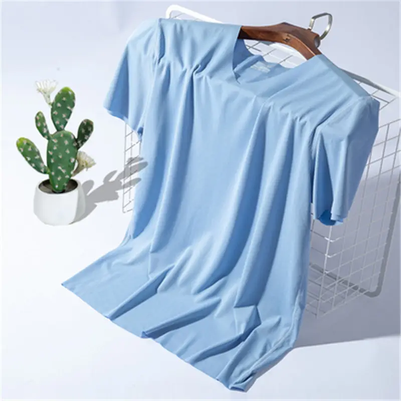 Men V-Neck Blue Ice Silk T-Shirt Summer - Image 5