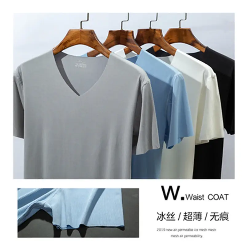 Men V-Neck Blue Ice Silk T-Shirt Summer - Image 6