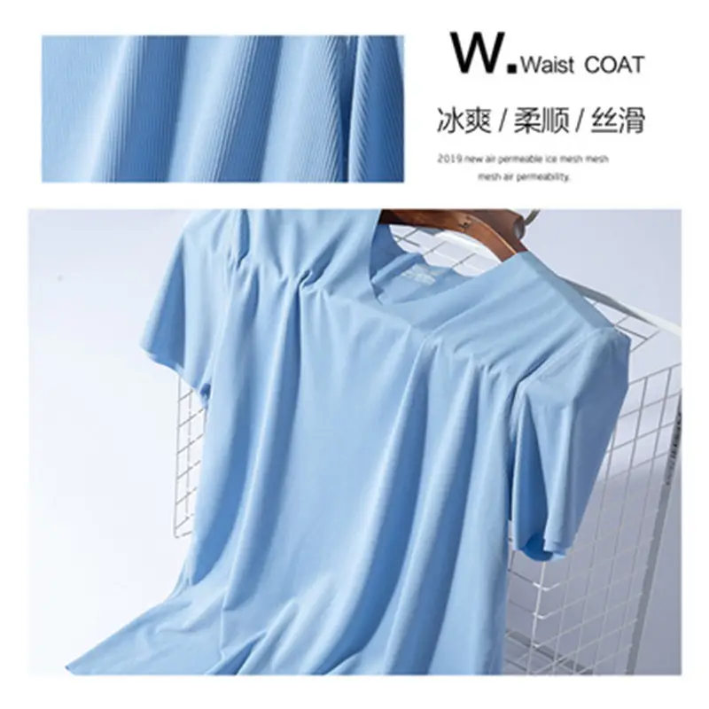 Men V-Neck Blue Ice Silk T-Shirt Summer - Image 8