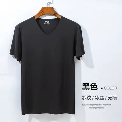 Men V-Neck Blue Ice Silk T-Shirt Summer - Image 3