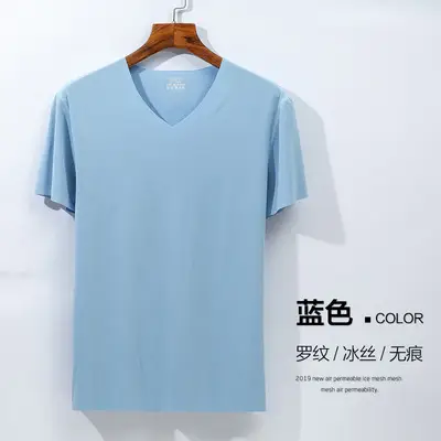 Men V-Neck Blue Ice Silk T-Shirt Summer - Image 4