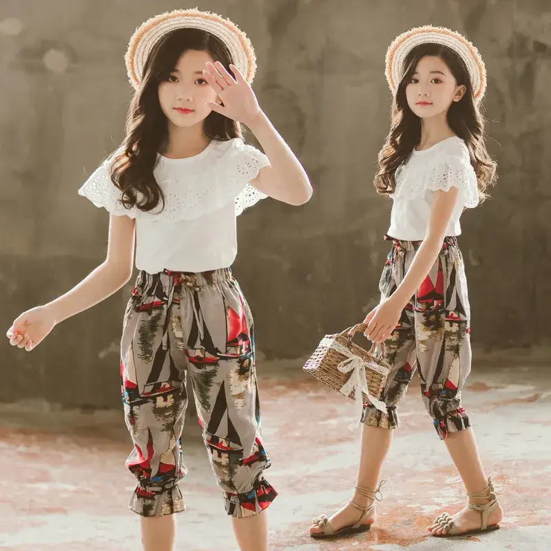 Girls Korean Style Lace Ink Pants Set 2024 Summer - Image 2