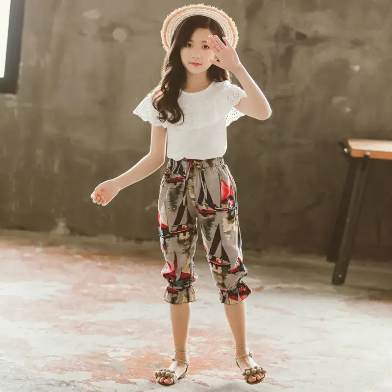 Girls Korean Style Lace Ink Pants Set 2024 Summer - Image 3