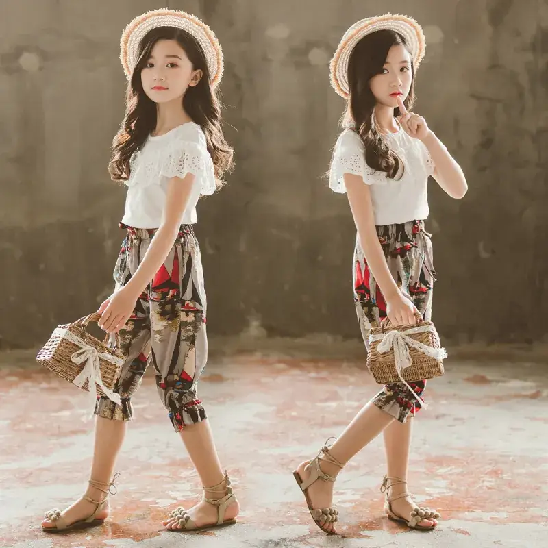 Girls Korean Style Lace Ink Pants Set 2024 Summer - Image 4