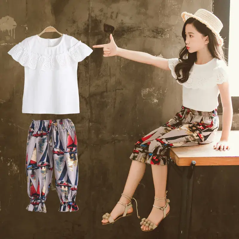 Girls Korean Style Lace Ink Pants Set 2024 Summer - Image 5