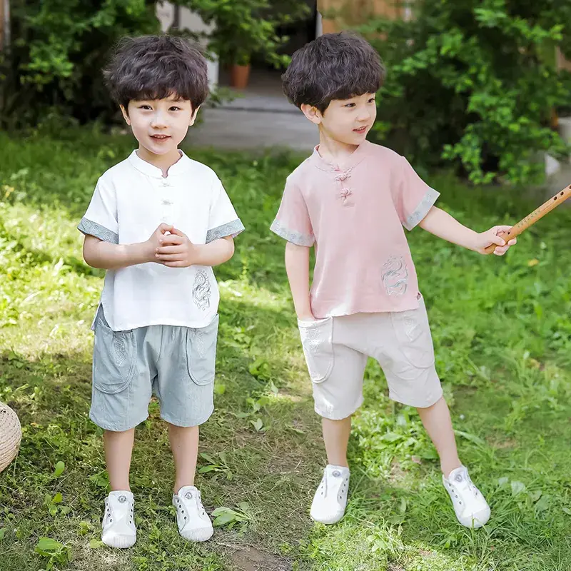 Boys Chinese Style 2025 Summer Tang Suit Short Sleeve Panlong Hanfu - Image 5