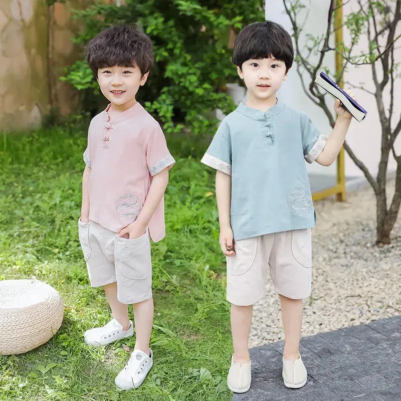 Boys Chinese Style 2025 Summer Tang Suit Short Sleeve Panlong Hanfu - Image 6
